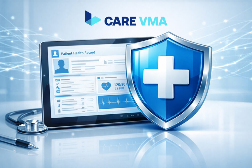 A digital shield icon securely protecting a patient's electronic health record on a tablet, symbolizing robust data security and HIPAA compliance.