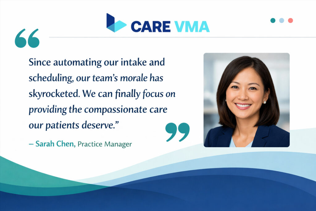 Quote from a practice manager on the positive impact of automating patient intake and scheduling on staff morale.