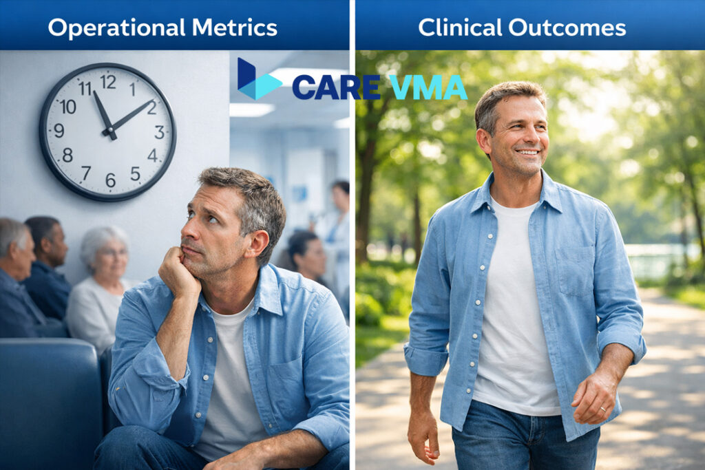 A diagram comparing operational healthcare metrics like waiting time with true clinical outcomes like improved patient mobility and quality of life.