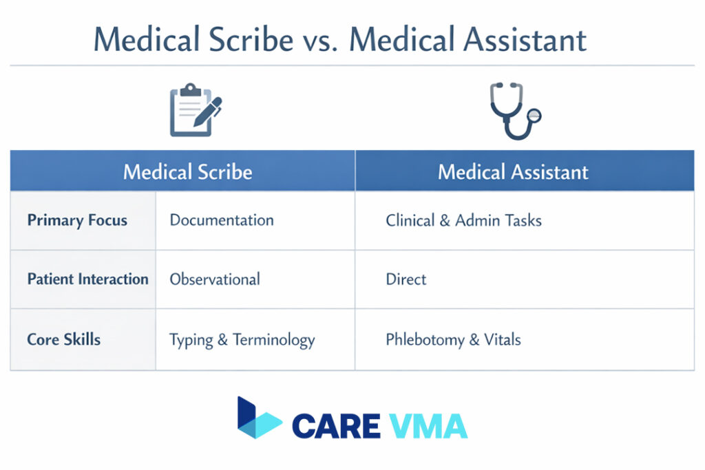 Comparison table infographic detailing the key differences between a Medical Scribe and a Medical Assistant, focusing on responsibilities and patient interaction.