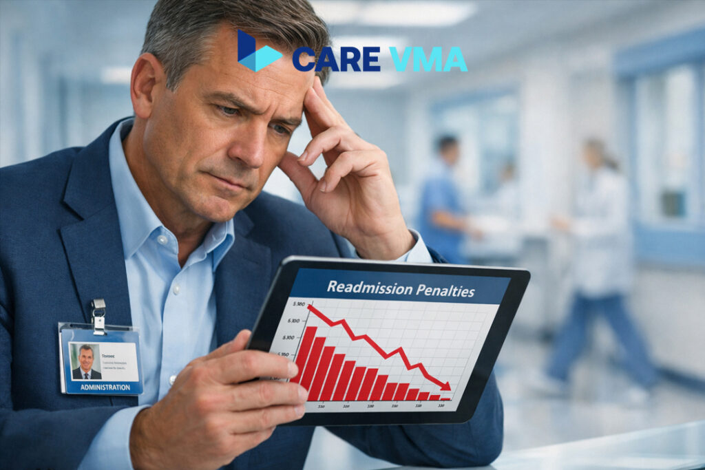 A healthcare administrator analyzes the financial impact of poor transitions of care and hospital readmission penalties on a tablet.
