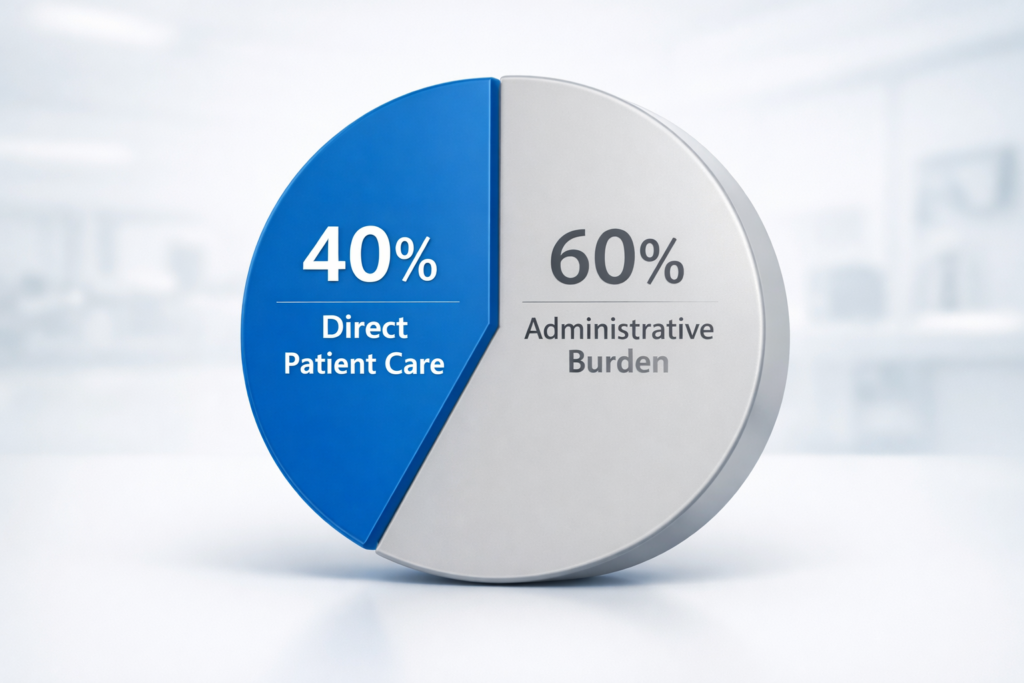 Pie chart showing clinician time distribution between administrative tasks and patient care
