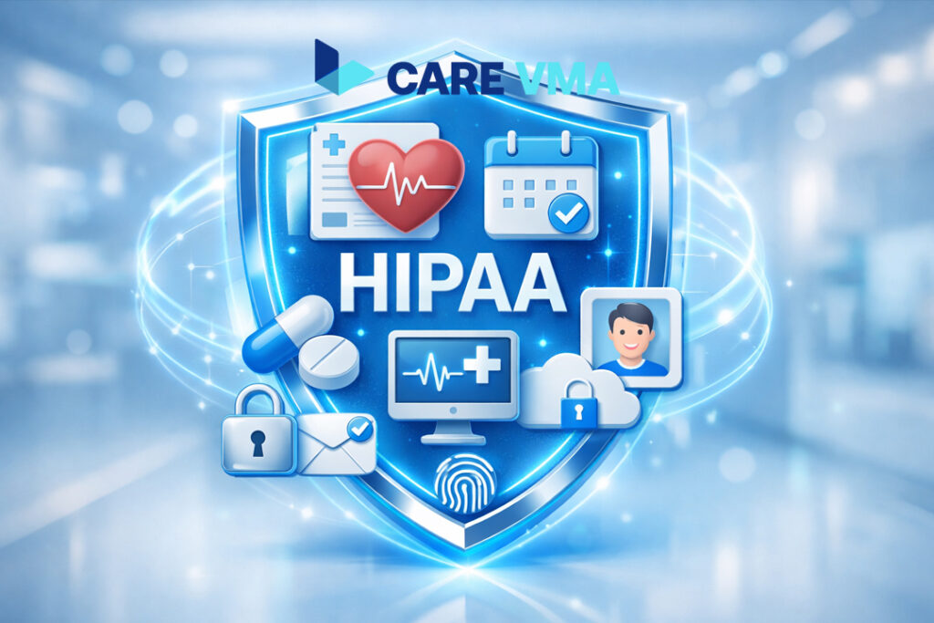 A diagram showing examples of Protected Health Information (PHI) being protected by a central HIPAA shield.