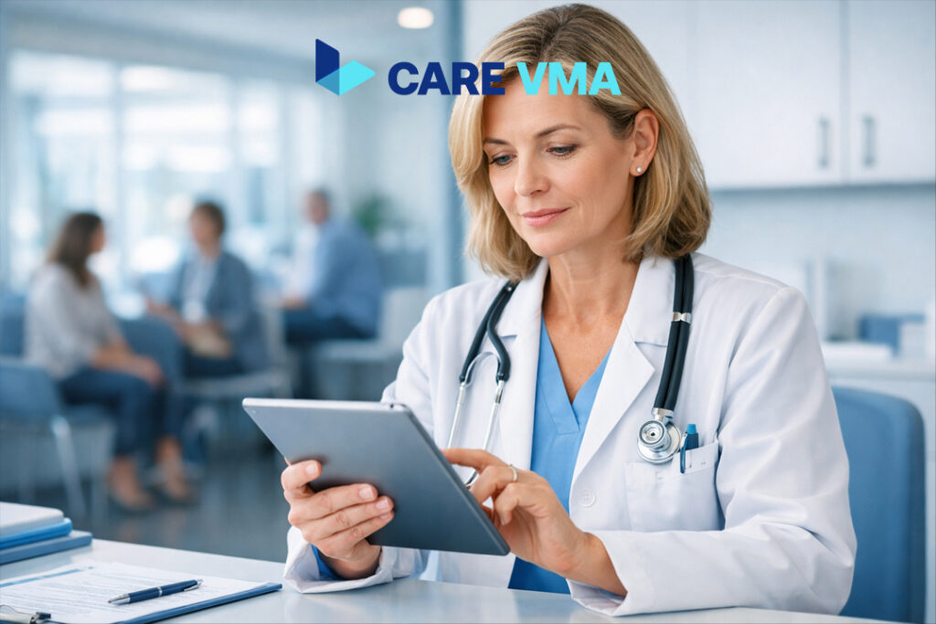 A physician focused on patient care, representing the benefit of reduced administrative burden achieved by using a virtual medical receptionist.