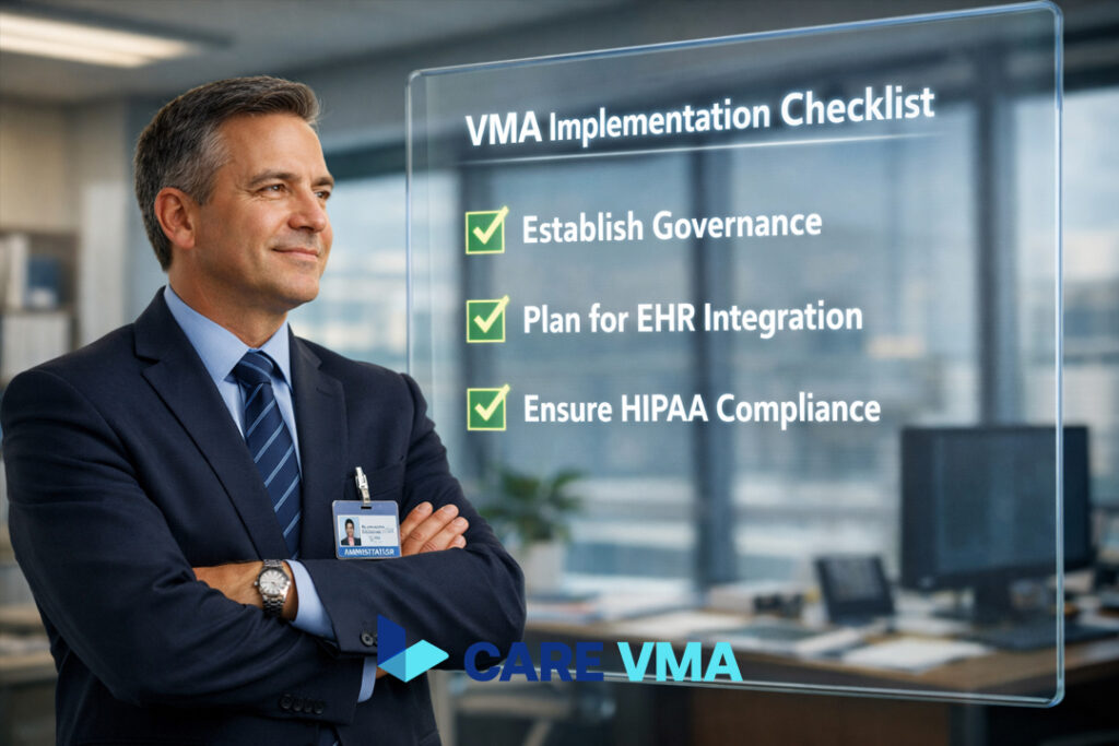 Hospital C-Suite leader reviewing a successful implementation plan for a Virtual Medical Assistant for hospitals, covering governance, EHR integration, and HIPAA compliance.