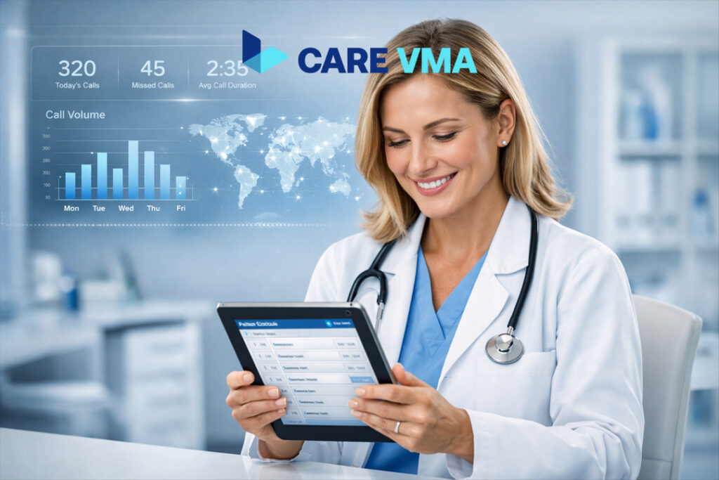 A doctor reviews her schedule, confident in the benefits of a scalable virtual medical receptionist service managing her practice's growth and patient communications.