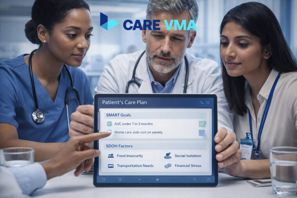 An interdisciplinary team collaborates on a comprehensive care plan displayed on a tablet, showcasing a modern healthcare workflow.