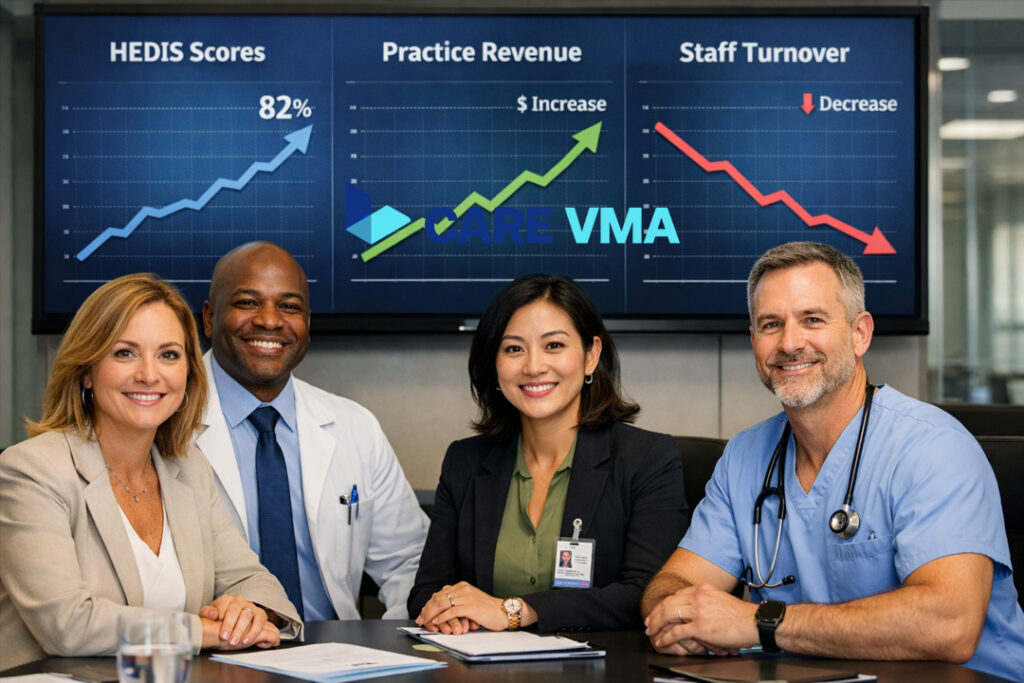 A healthcare leadership team reviewing positive outcomes from closing care gaps, including boosted HEDIS scores and reduced staff turnover.