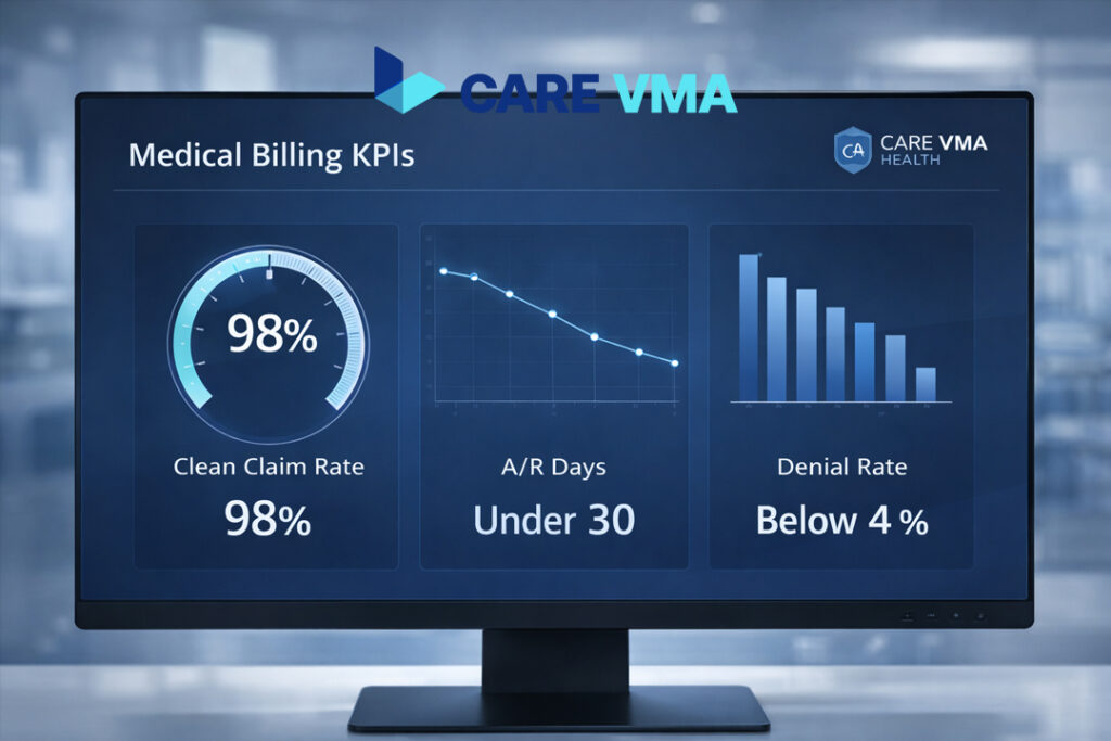 A dashboard showing the improved financial performance of a medical practice after hiring a managed Virtual Billing Specialist from Care VMA.