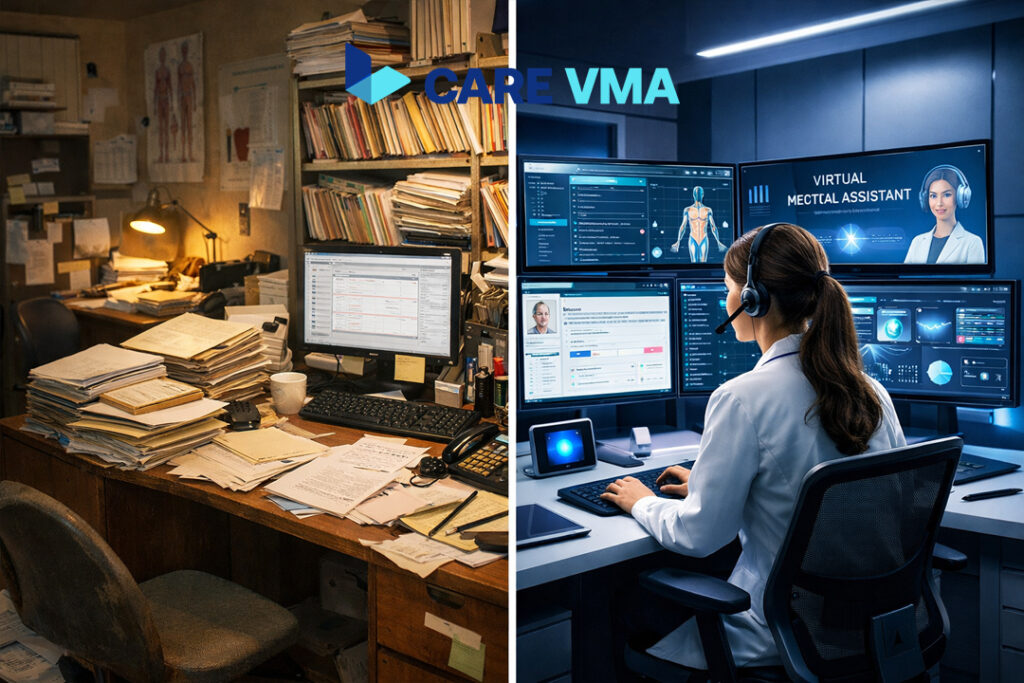Comparison between a manual, paper-based healthcare workflow and a modern, streamlined VMA-orchestrated digital workflow.