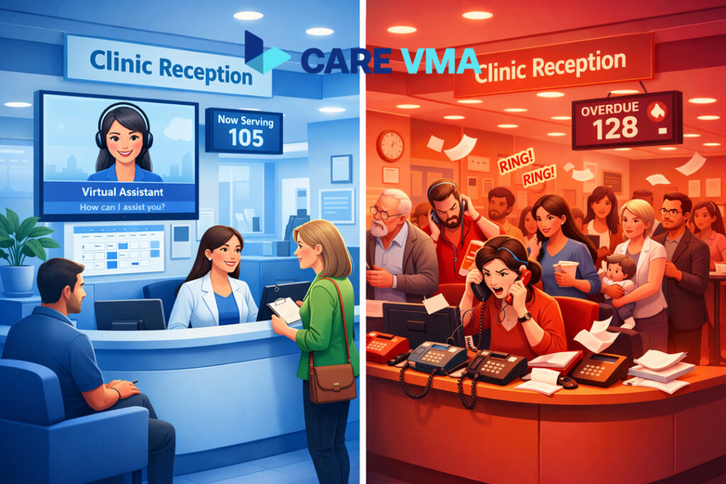 A 3D illustration comparing an efficient clinic reception using a virtual assistant with a chaotic, stressful reception area.