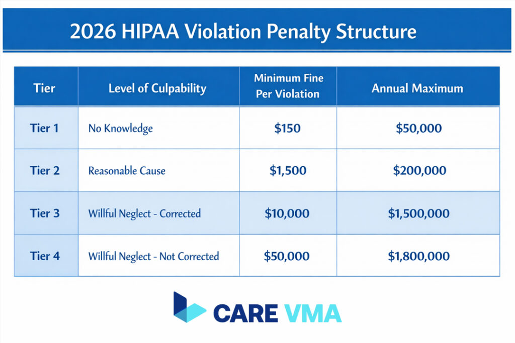 A table infographic showing the 2026 HIPAA violation penalty structure, broken down by tier.