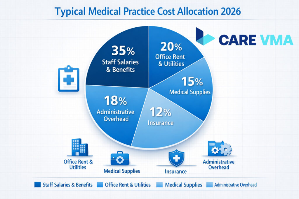Pie chart showing the cost allocation in a typical medical practice in 2026, highlighting the large portion dedicated to staff salaries and administrative overhead.