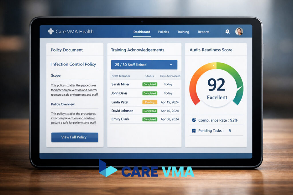 The Care VMA Health platform dashboard showing automated evidence of execution and a centralized repository for audit-proofing a healthcare program.