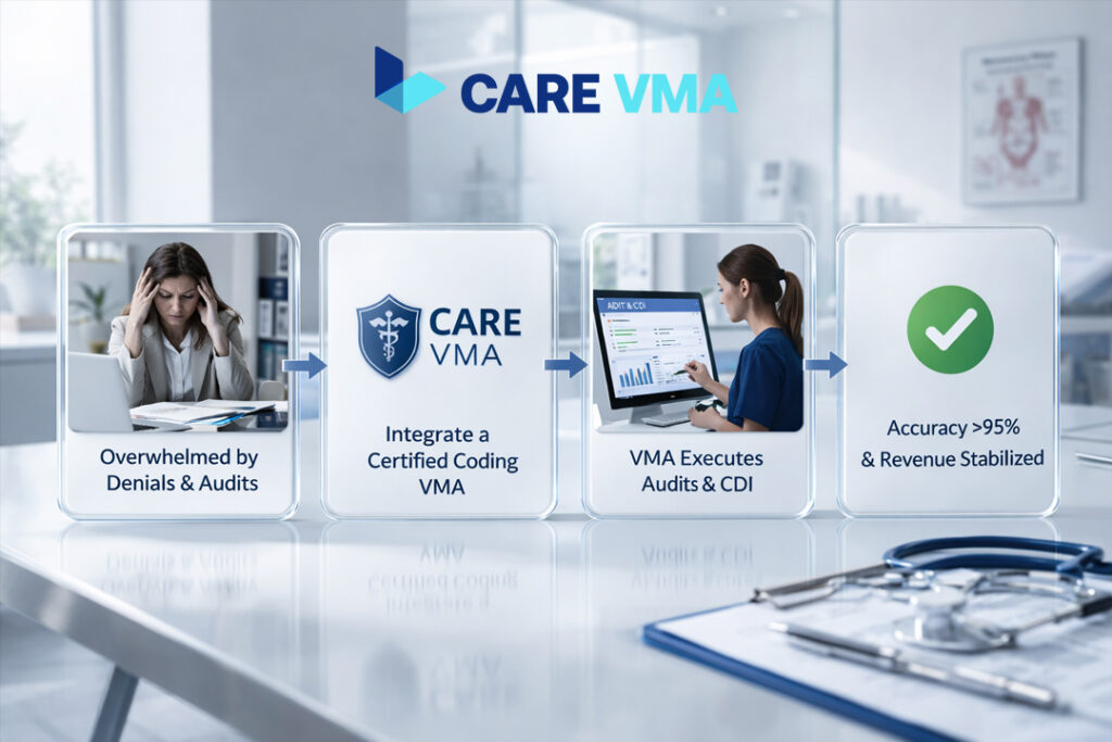 A flowchart demonstrating how integrating a Care VMA for medical coding accuracy leads a practice from being overwhelmed by denials to achieving stabilized revenue and compliance.