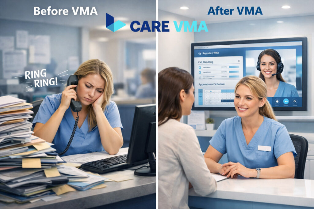 A before-and-after comparison showing how a Virtual Medical Assistant improves patient retention by reducing staff burnout and streamlining communication workflows.