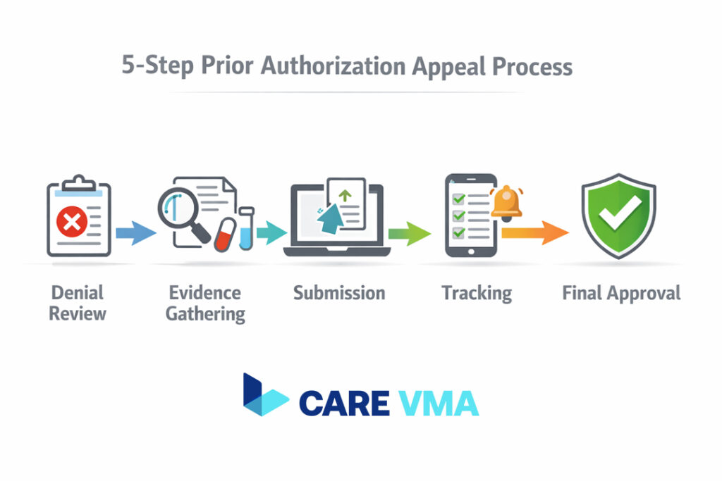 A flow diagram illustrating the five-step process for a successful prior authorization appeal.