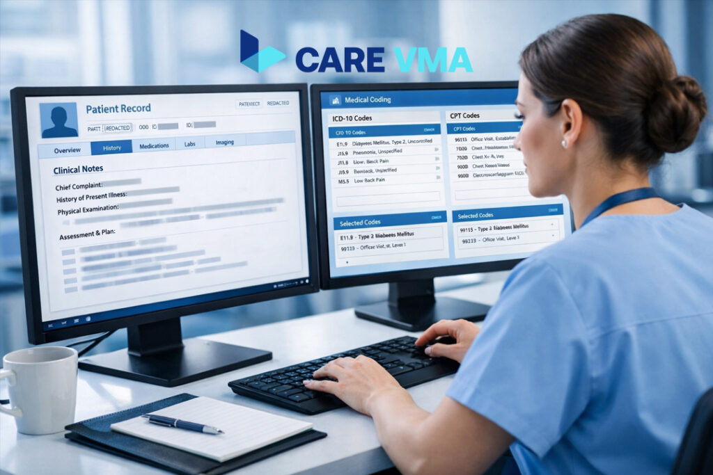 A medical coder at their desk analyzing a patient's EHR to determine the correct medical billing and coding information for a claim.