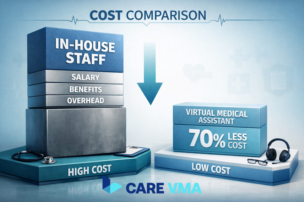 Comparison chart showing the 70% cost savings of a Virtual Medical Assistant vs in-person staff.