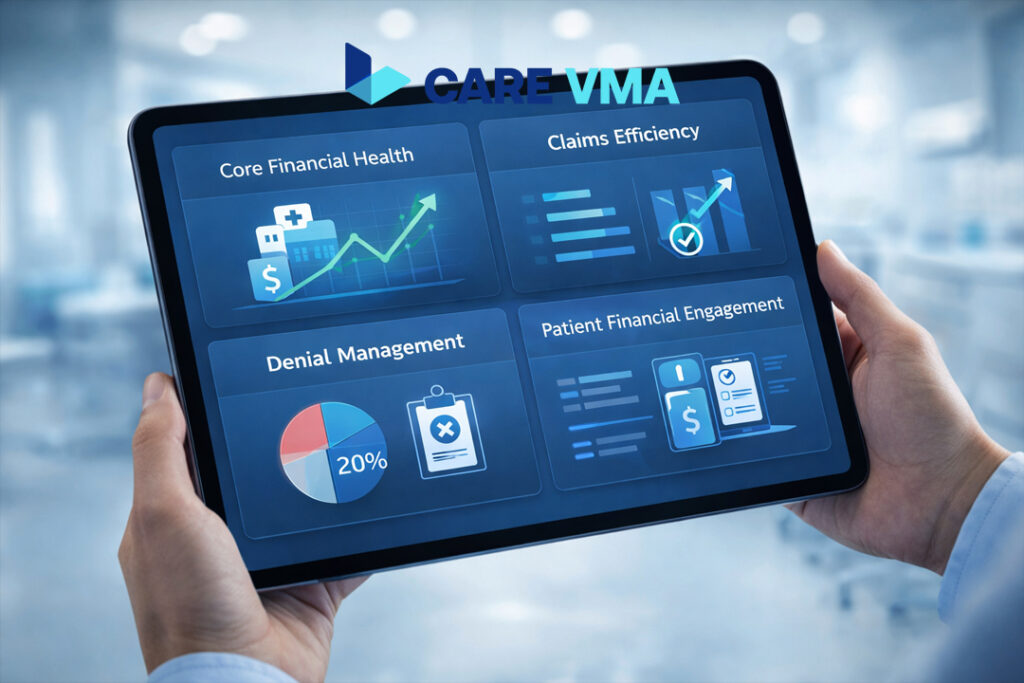 A digital dashboard displaying the four pillars of billing analytics and RCM KPIs: financial health, claims efficiency, denial management, and patient engagement.