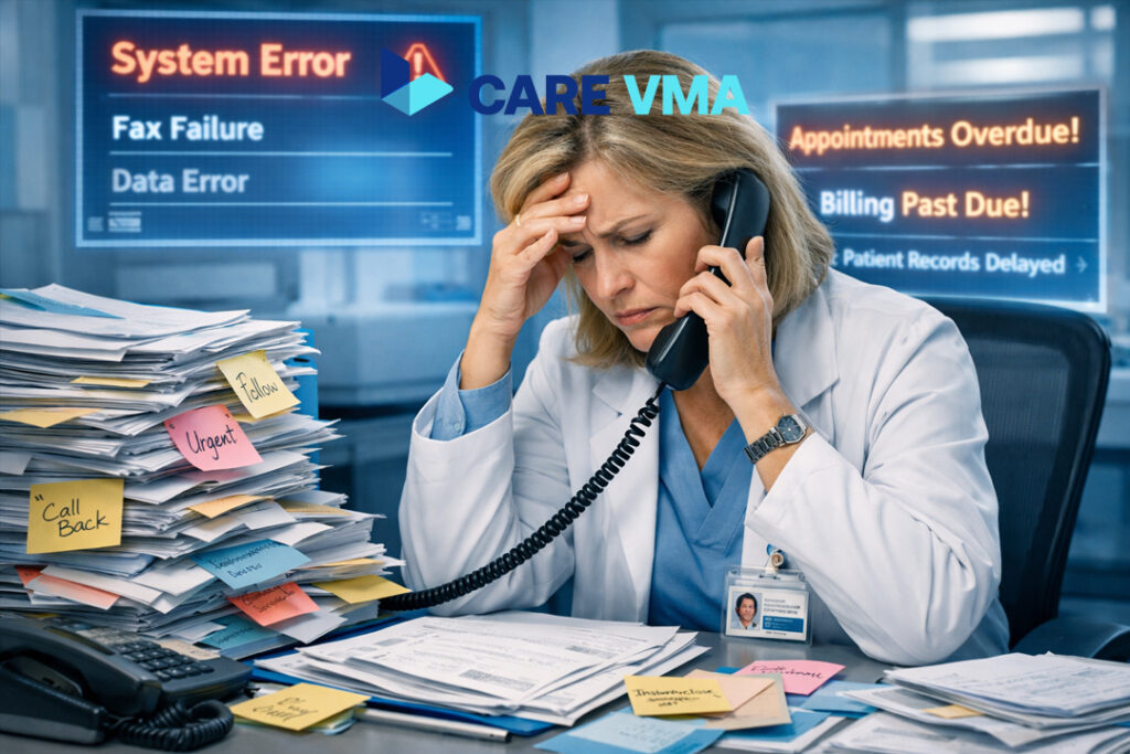 A clinic manager experiencing the operational stress of a poor lab and imaging coordination system, highlighting the risk of diagnostic errors.