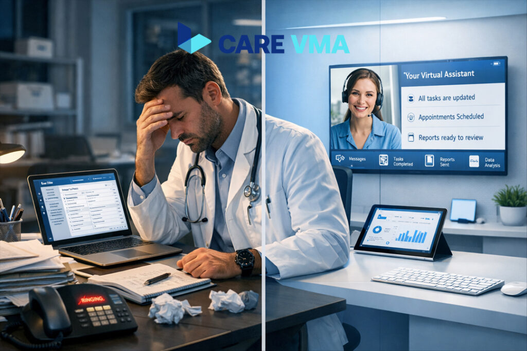 A physician experiencing burnout from administrative tasks is contrasted with the efficiency provided by a virtual medical assistant managing the practice workflow.