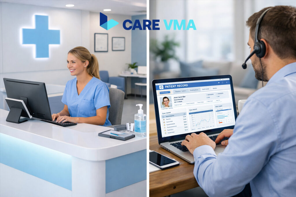 Comparison view of on-site medical staff and a virtual medical assistant working remotely on healthcare administration tasks.