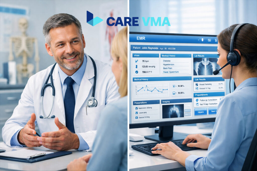 A digital representation of a Virtual Medical Assistant for small clinics supporting a doctor by managing EMR workflows remotely.