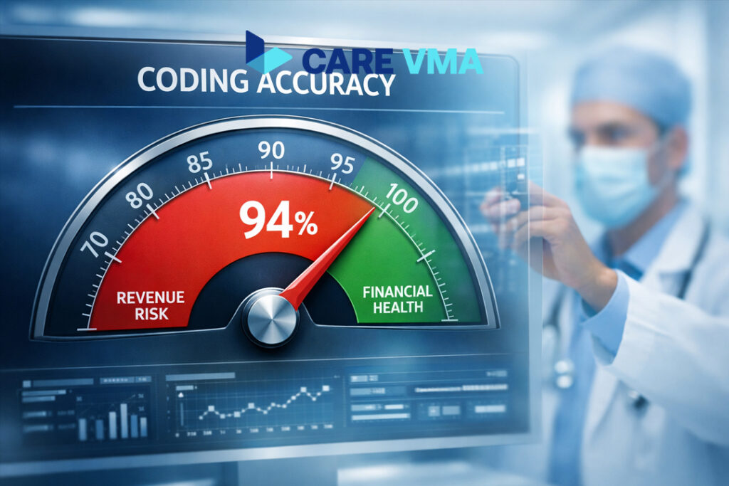 A digital dashboard showing a medical coding accuracy gauge, with the needle in the red 'Revenue Risk' zone just below the 95% 'Financial Health' benchmark, illustrating the importance of hitting the target.
