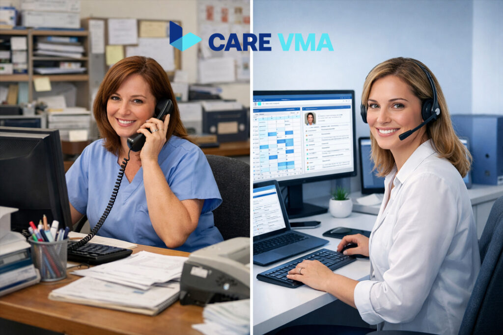 A visual comparison of a virtual receptionist vs a traditional receptionist in a medical office, highlighting the modern, tech-enabled workspace of the virtual assistant.