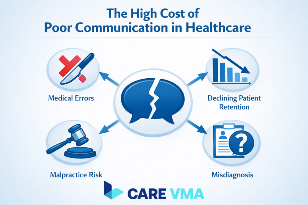 Infographic showing the negative consequences of poor patient communication, including medical errors, low patient retention, malpractice risk, and misdiagnosis.