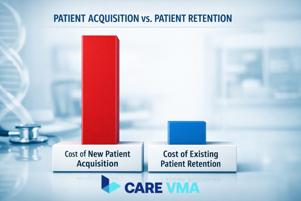 An infographic comparing the high cost of new patient acquisition versus the lower cost of patient retention, highlighting a key financial aspect of patient engagement strategies.