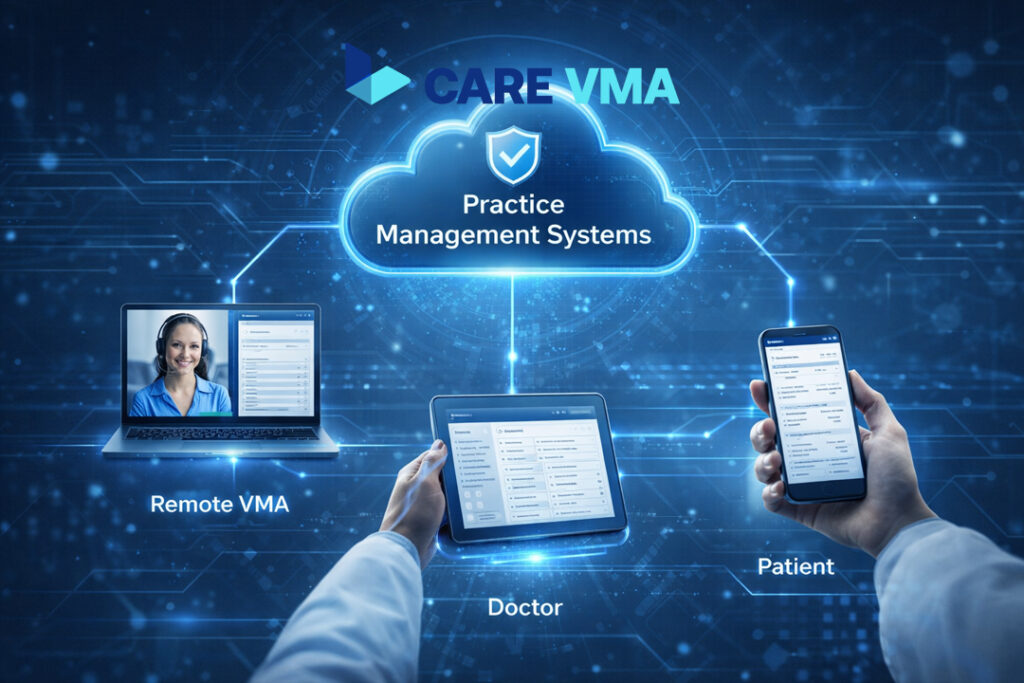 Diagram showing how the benefits of a remote virtual medical assistant are possible through cloud-based healthcare systems connecting the doctor, patient, and VMA.