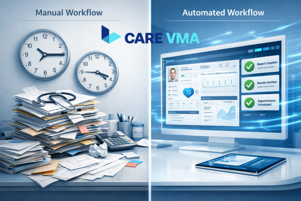 A 3D illustration comparing inefficient manual paperwork workflows against a streamlined automated RCM dashboard.