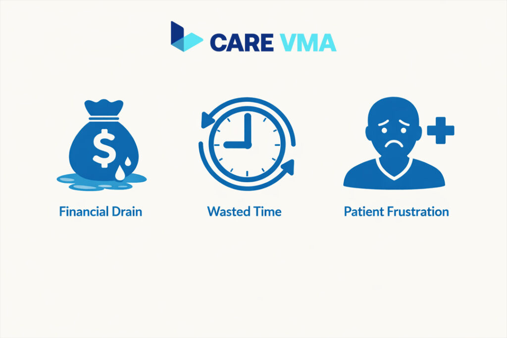 Icons illustrating the three main costs of a weak patient collections policy: financial drain, wasted staff time, and patient frustration.