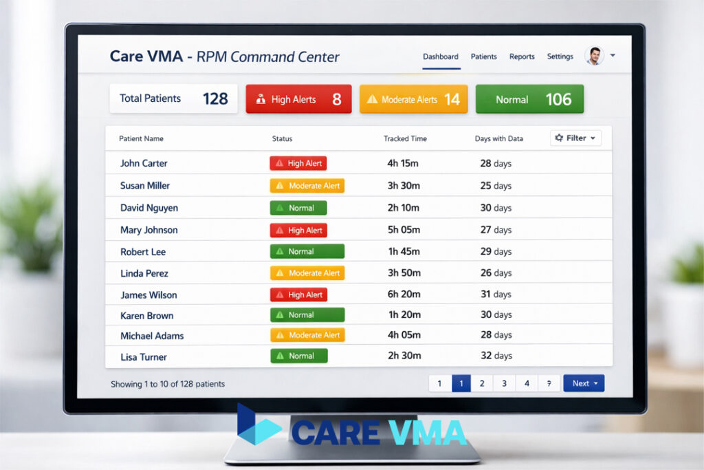 The Care VMA Health dashboard showing automated tracking of RPM billing requirements for multiple patients.