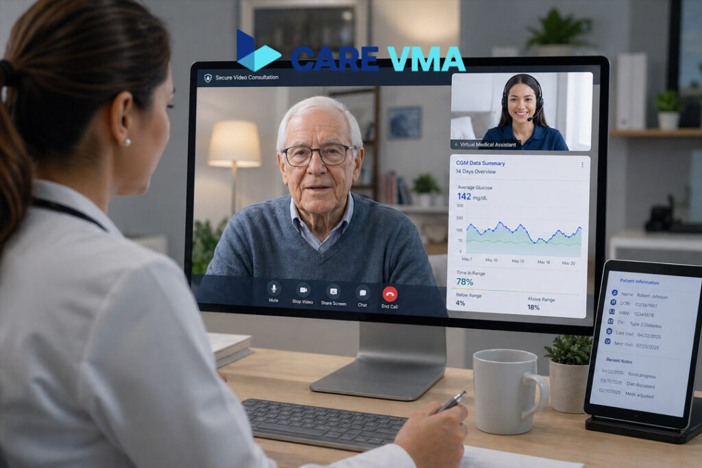 A clinician and Virtual Medical Assistant collaborating during a telehealth appointment for diabetes to review CGM data with a patient.