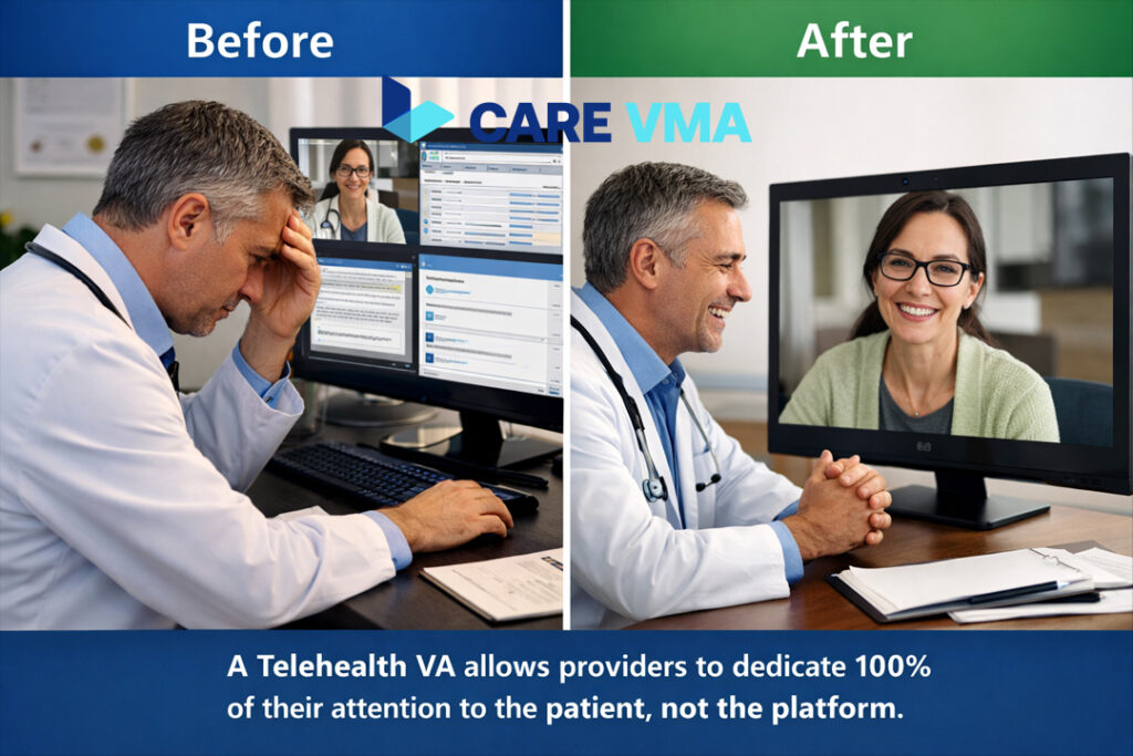 A before-and-after comparison of a doctor's focus during a telehealth call with and without a virtual assistant.