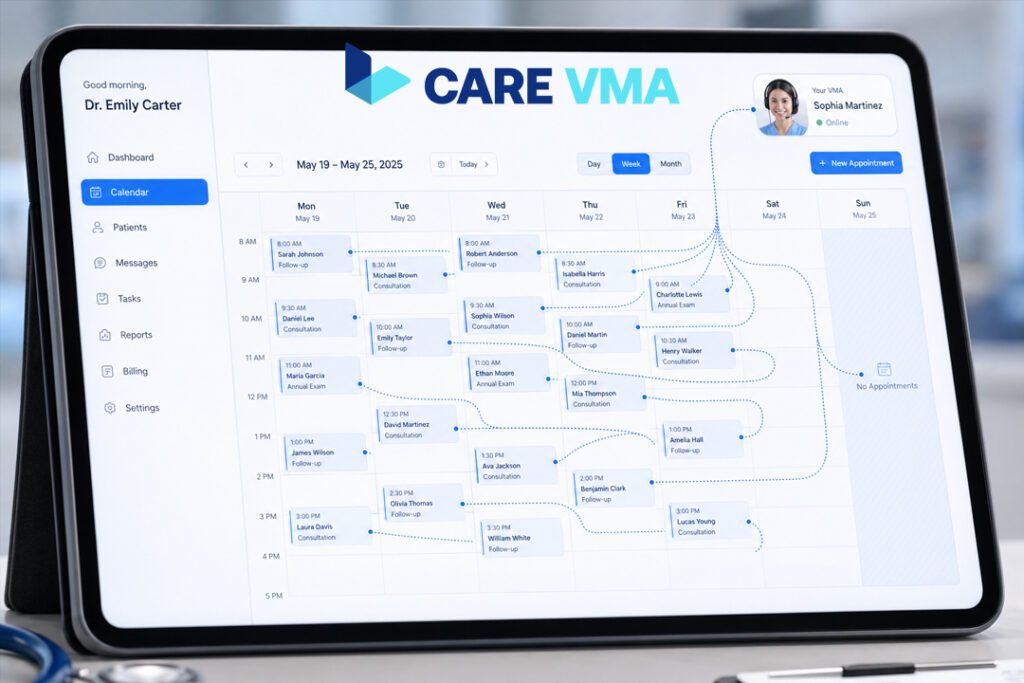 A virtual medical assistant managing a physician's schedule on a digital EHR dashboard.