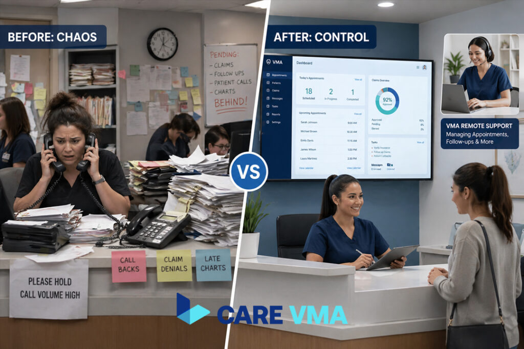 A before-and-after comparison showing clinic reception efficiency with a Virtual Medical Assistant.