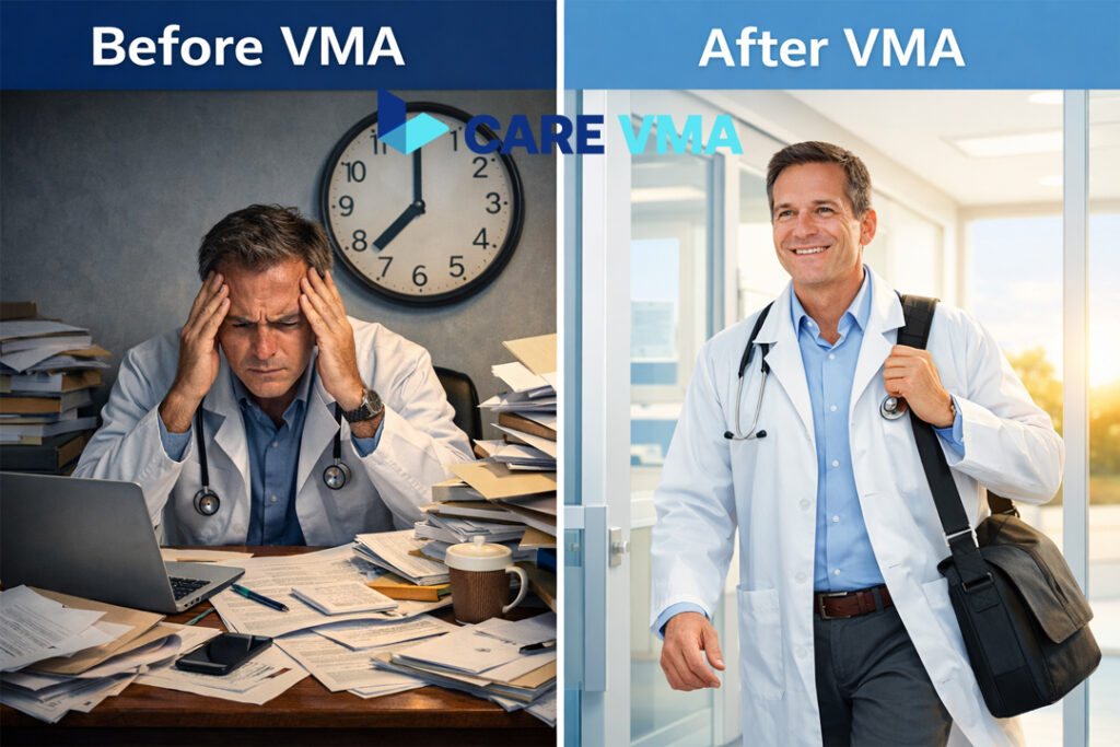 A before-and-after comparison showing how a Telehealth Assistant reduces provider burnout.