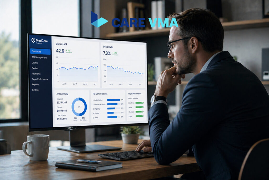 A clinic manager analyzing key revenue cycle management metrics like Days in A/R on a dashboard.
