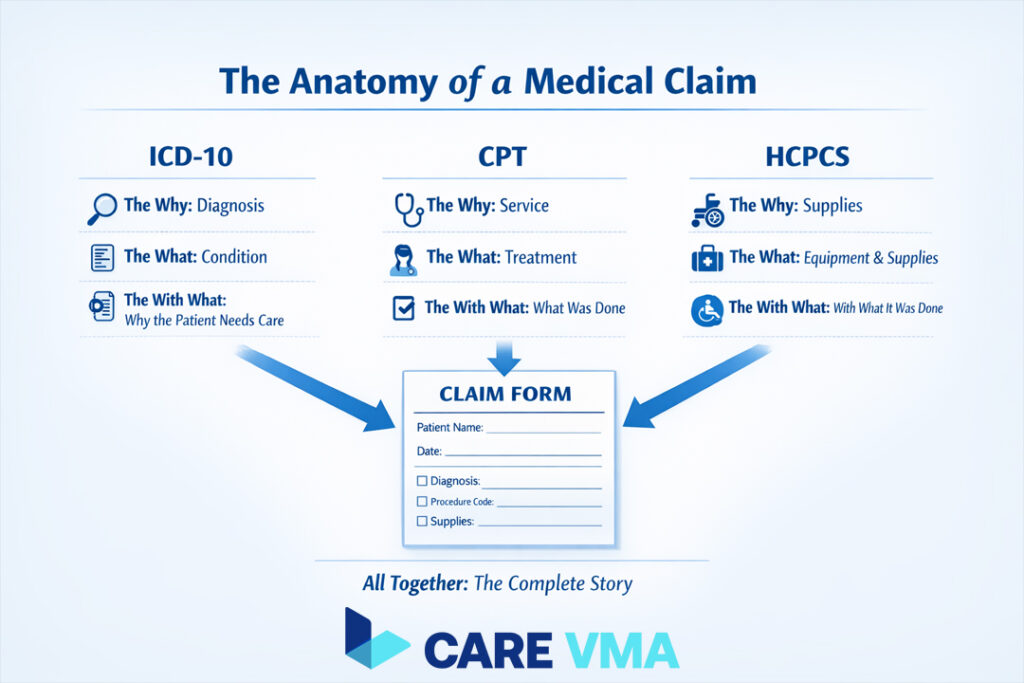Infographic explaining the roles of ICD-10, CPT, and HCPCS codes in a medical claim.
