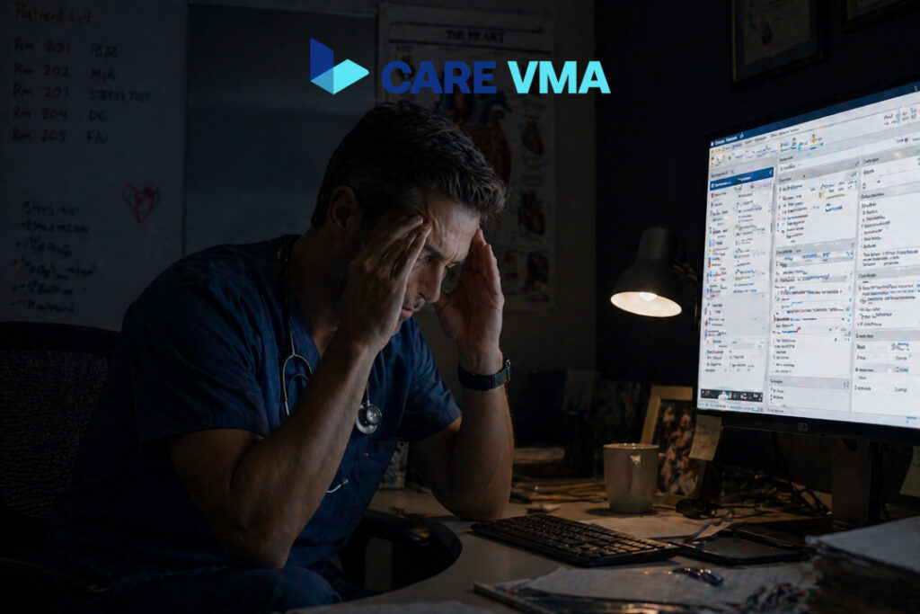 Cardiologist experiencing burnout from late-night EHR documentation in a cardiology practice.