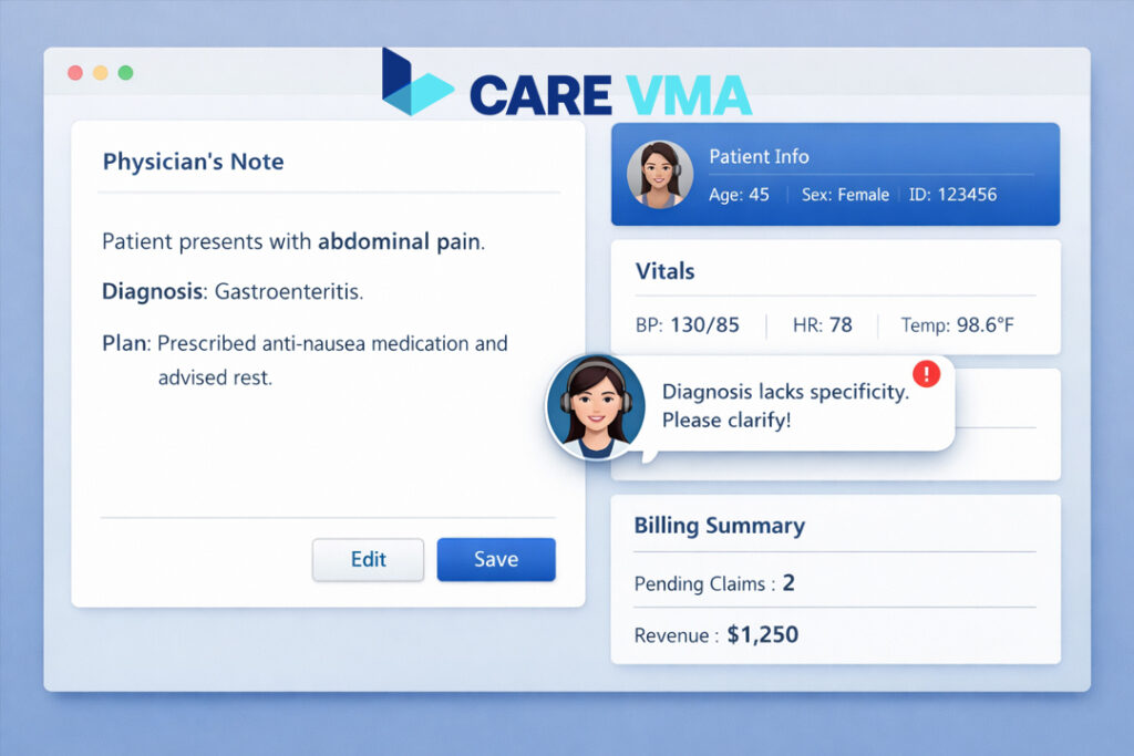 Animation showing a Virtual Medical Assistant flagging an incomplete physician note for clarification to prevent a claim denial.
