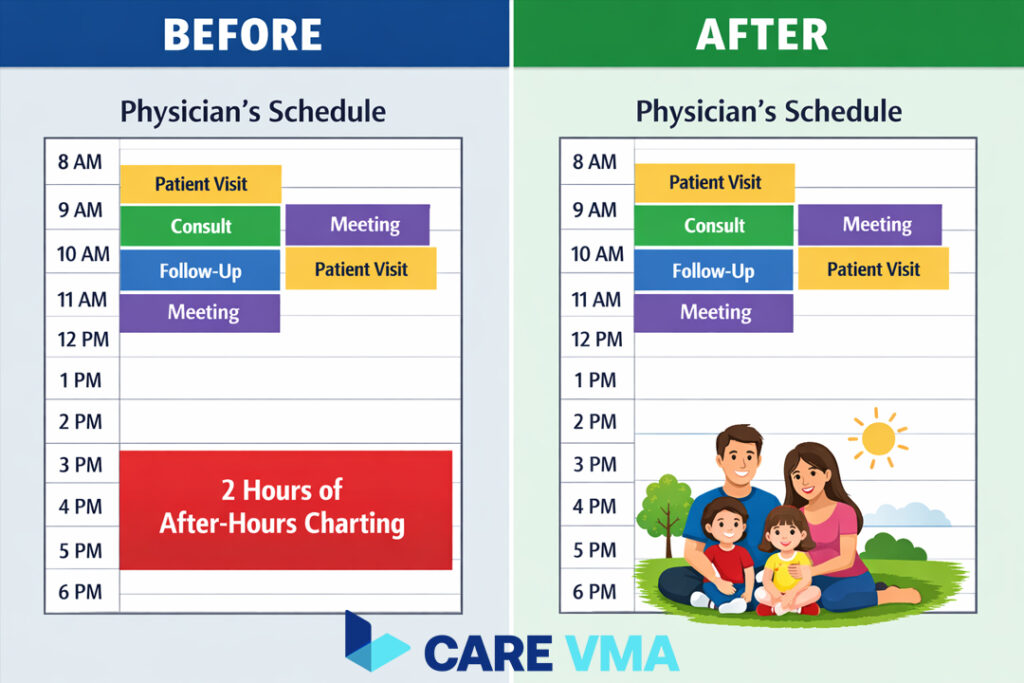 A diagram comparing a physician's schedule before and after using a virtual scribe, highlighting the elimination of after-hours work.