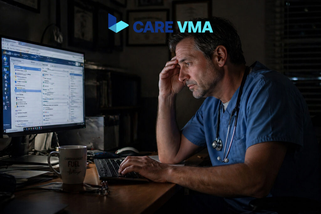 A cardiologist experiencing burnout from late-night EHR charting, a problem solved by a virtual medical assistant for cardiology.