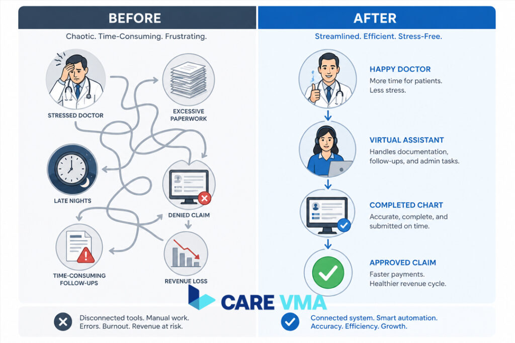 A diagram comparing an inefficient cardiology workflow before a virtual medical assistant and the streamlined workflow after integrating a VMA.