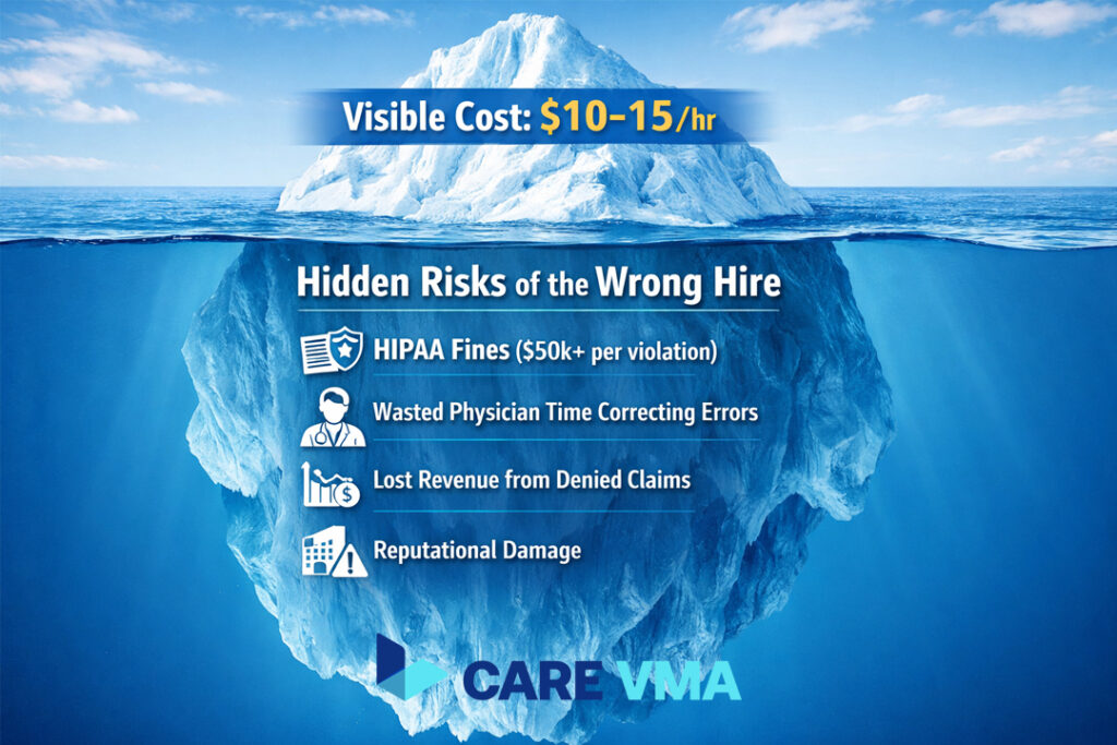 Infographic showing the hidden costs and risks of hiring an unqualified admin assistant for medical tasks.