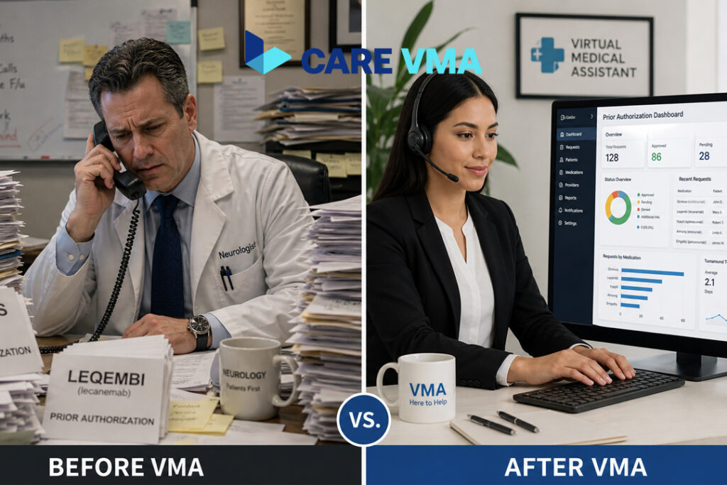A neurologist overwhelmed by prior authorization paperwork contrasted with a calm virtual medical assistant managing the process efficiently.